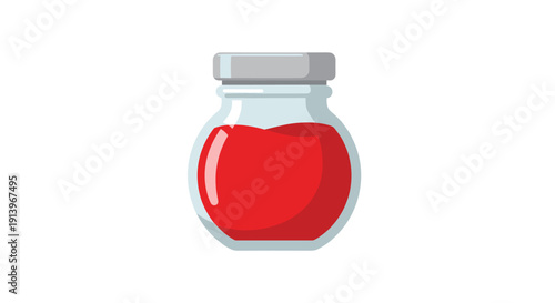 A small, round glass jar with red liquid and a light grey lid, depicted in a flat graphic style.