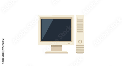 A flat vector illustration of a retro personal computer with a beige CRT monitor and a matching tower case.