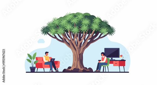 Two people work remotely under a large tree, one on a couch, the other at a desk