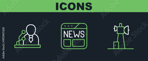 Set line Antenna, Breaking news and News icon. Vector