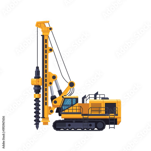 Powerful yellow drilling rig with an auger, a robust piece of heavy construction machinery designed for deep earth drilling, foundation building, and geotechnical engineering projects
