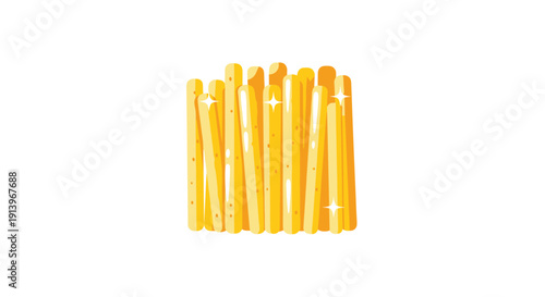 A neat vertical stack of shiny golden-yellow sticks, resembling french fries, stands upright with glittering highlights.