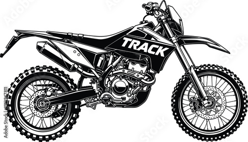 knobby tires and suspension, black and white vector artwork isolated on white background