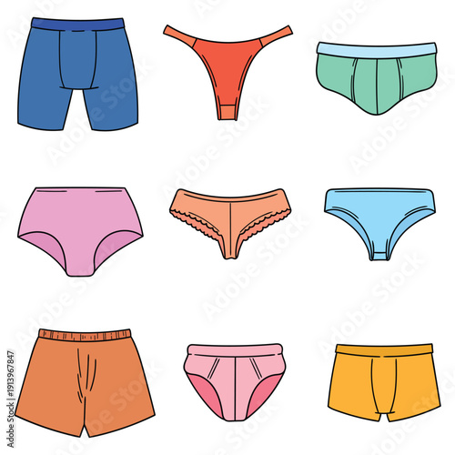 Hand-drawn cartoon set of men's and women's underwear on a white background.