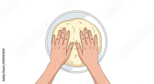 A person's bare hands press firmly onto a mass of light beige dough in a white ceramic bowl from a top-down perspective.