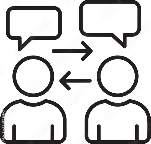 Four people avatars connected by speech lines representing group discussion and social networking communication