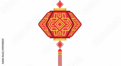 A vibrant red and gold Chinese lantern with intricate designs hangs against a clean white background.