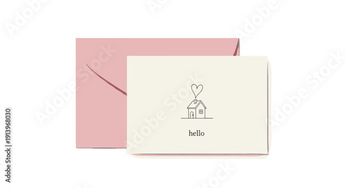 Pink envelope with an open cream card showing a small house, heart, and 'hello' text on a plain white background
