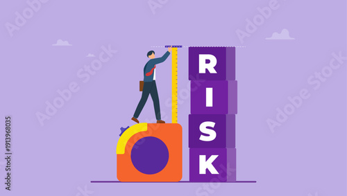 Businessman measuring a word risk with measure tape. Risk assessment, analyze potential danger level concept, measure money loss acceptable for investing.