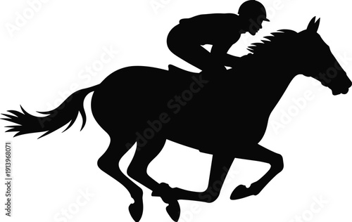 Horse racing jockey silhouette galloping thoroughbred speed competition sport clipart black isolated dynamic flat vector illustration, flat vector illustration