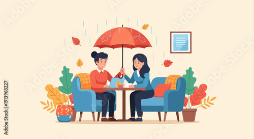 Two people share an umbrella at a cafe table with autumn leaves falling outside