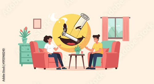 Two people talk in a room with a smiling face emoji smoking