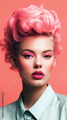 Portrait of an Attractive Girl with Pink Hair Looking at the Camera. Stylish Young Woman with Bright Fuchsia Hairstyle