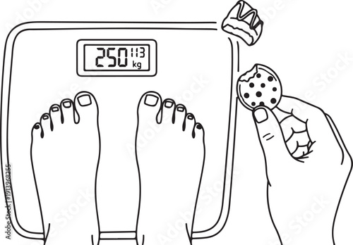 Line drawing of a person weighing themselves and holding a cookie
