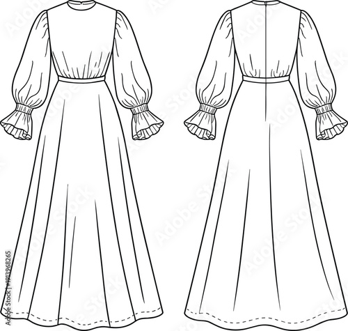 Technical fashion flat sketch of high neck maxi dress with long puff sleeves, ruffle cuffs, front and back view