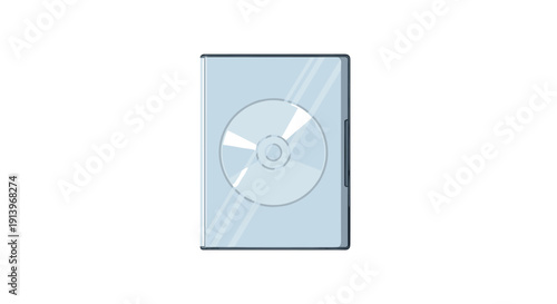 A transparent plastic compact disc case containing a silver CD, presented vertically on a clear white background.