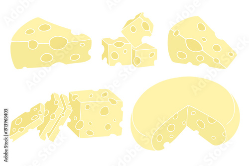 A set of delicious cheese slices, slices of a healthy dairy product. Vector graphics.