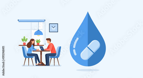 Two people working at desks with plants, a clock, and a large water drop with a pill