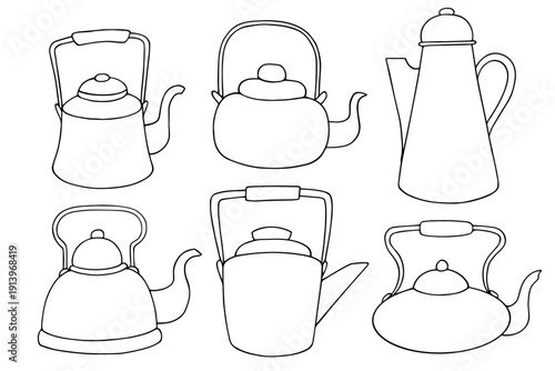 A collection of decorative teapots, doodles of various kitchen utensils. Vector graphics.