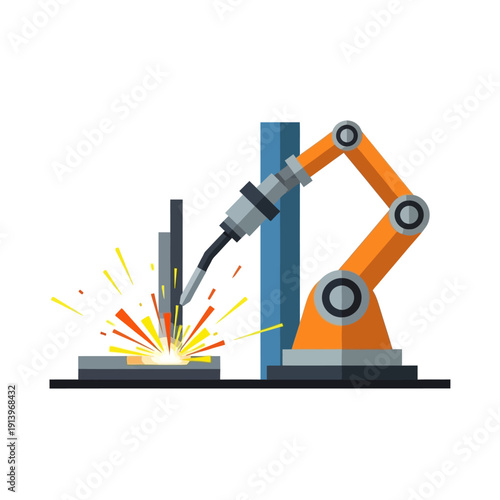 Industrial robot arm performing welding, sparks flying, factory automation concept