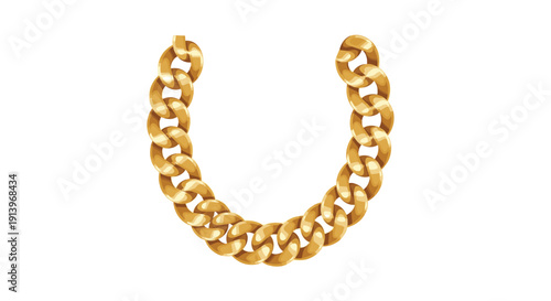 A heavy gold chain composed of thick, glossy, interlocked links, forming a U-shape on a white background.