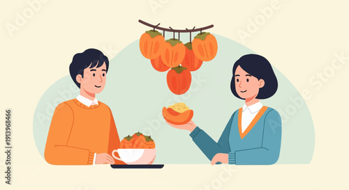 Two people sharing a meal with fresh persimmons