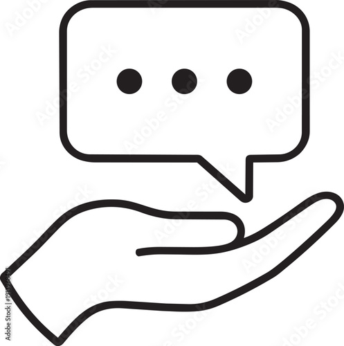 Hand icon holding out a speech bubble representing offering advice or communication support services