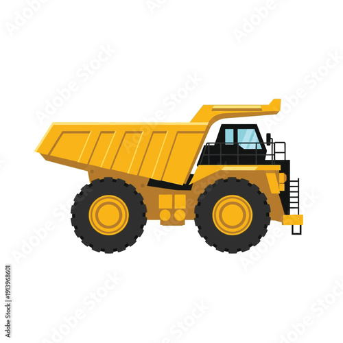 A detailed side view illustration of a large, heavy-duty yellow mining dump truck with black windows and large tires, isolated on a white background