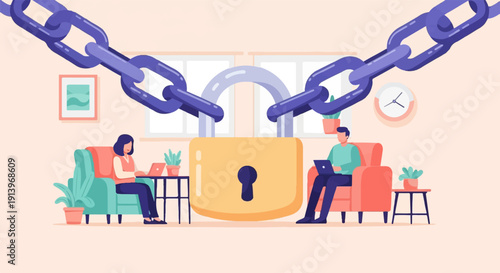 Two people working on laptops are separated by a large padlock and chain