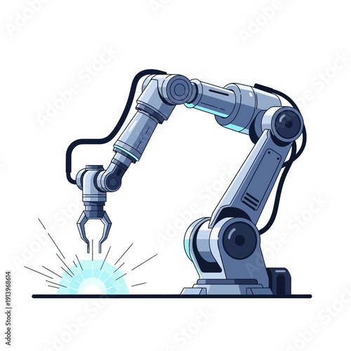 Industrial robot arm welding with sparks, modern manufacturing automation concept