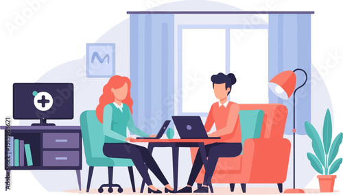 Two people working on laptops at a table in a modern room