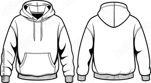 Technical fashion flat sketch of hooded sweatshirt hoodie with kangaroo pocket, long sleeves, front and back view illustration