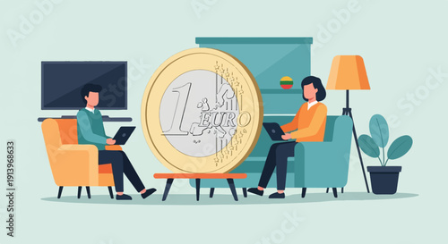 Two people using laptops next to a large euro coin in a living room