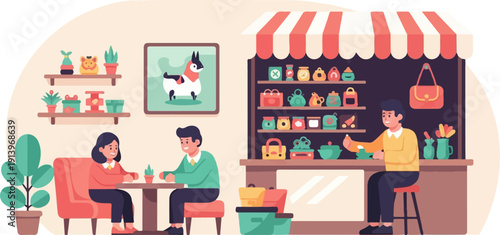 Two people sit at a table in a cafe, while a shopkeeper serves goods