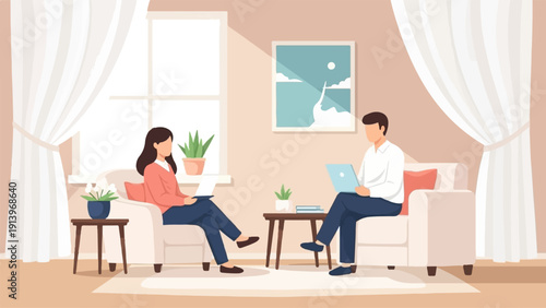 Two people using laptops in a living room