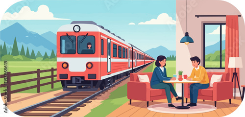 Two people sit at a table indoors, enjoying drinks as a train passes by outside