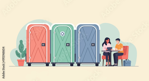 Two people sit at a table next to three portable toilets