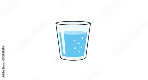 A simple glass filled with clear blue water and subtle sparkles on a plain white background.