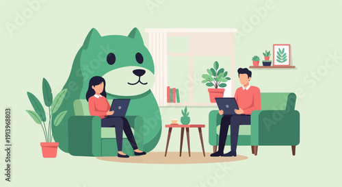 Two people with laptops sit on chairs in a room with a dog
