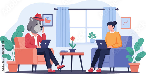 Two people with laptops sitting on sofas in a room