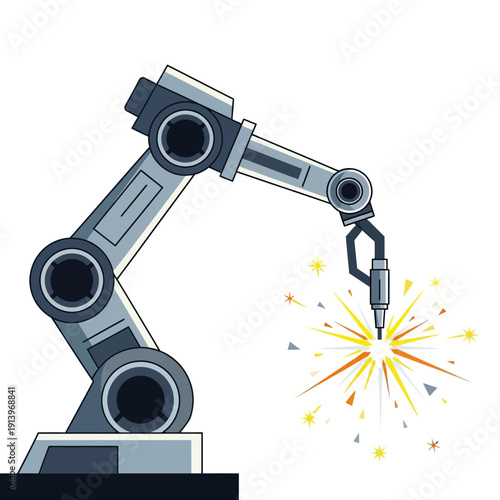 Industrial robotic arm performing welding with sparks on white background
