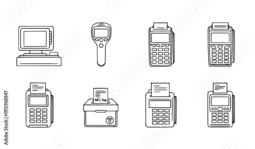 Title 3
Minimal line payment terminal icons with POS card reader and contactless cashless transaction symbols isolated on white