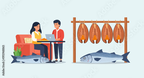 Two people work and prepare fish in a stylized indoor scene