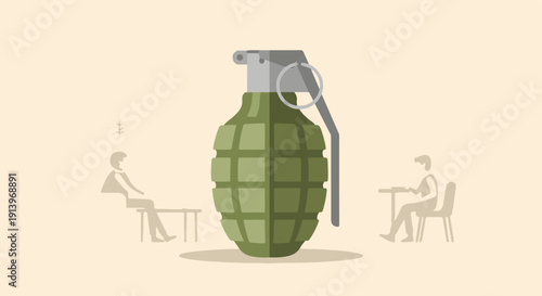 Two people sit at tables, separated by a large hand grenade