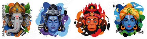 Hindu deities colorful portraits set, Ganesha Shiva Hanuman and Krishna illustrations, spiritual Indian gods characters collection, mythology art vector