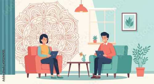 Two people sit comfortably in chairs, each with a tablet in hand