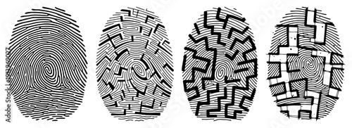 Fingerprint maze and labyrinth pattern set, abstract biometric identity textures, human thumbprint with maze path vector for security and logic design