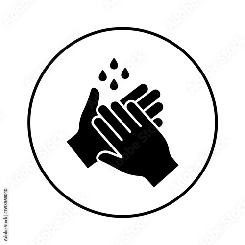 Wash Hands Round Sign Icon, Black and White Minimal Vector Hygiene Symbol
