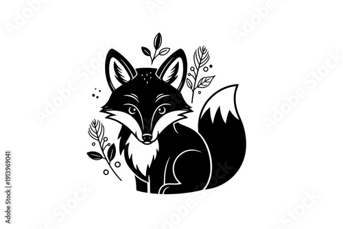 A black and white illustration of a fox surrounded by foliage isolated on transparent background, isolated on white background, Vector
