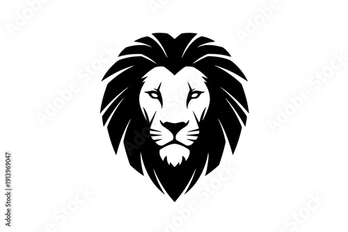 A majestic black and white illustration of a lion's head with a fierce expression isolated on transparent background, isolated on white background, Vector